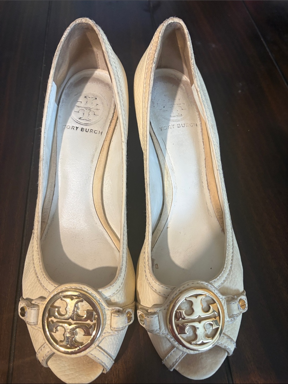 Tory Burch Cream Leather Logo Peep-Toe Heels